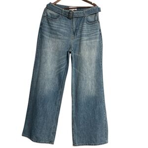 Fashion Nova No Limit Belted Wide Leg Jeans Size 13/32 Medium Wash Cotton NWT